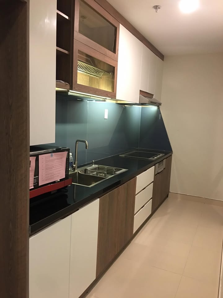Tủ bếp chữ I mặt đá đen, kính ốp bếp xanh rêu, bếp từ âm tủ